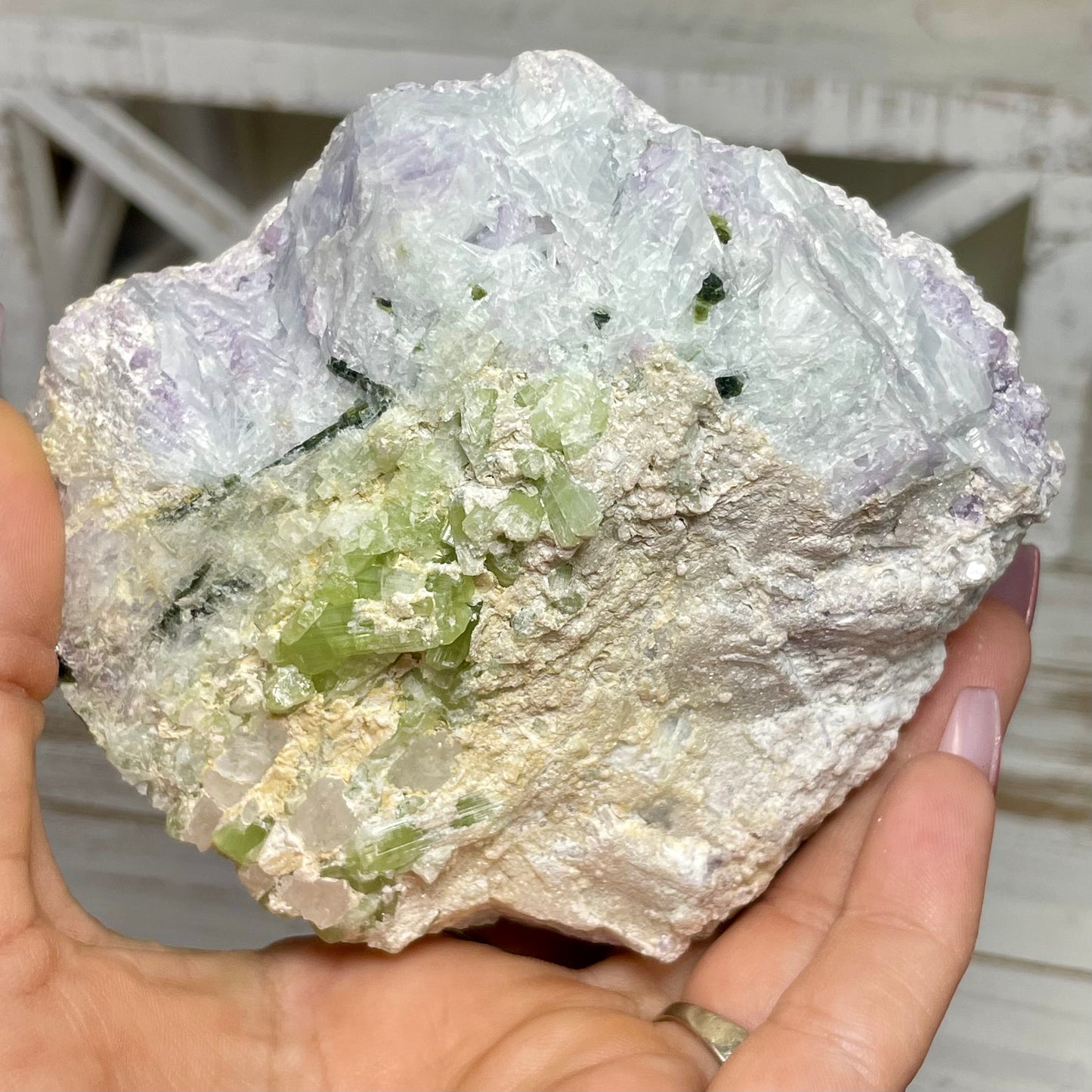 Green Tourmaline on Feldspar w/ Cleavelandite & Lepidolite Cluster