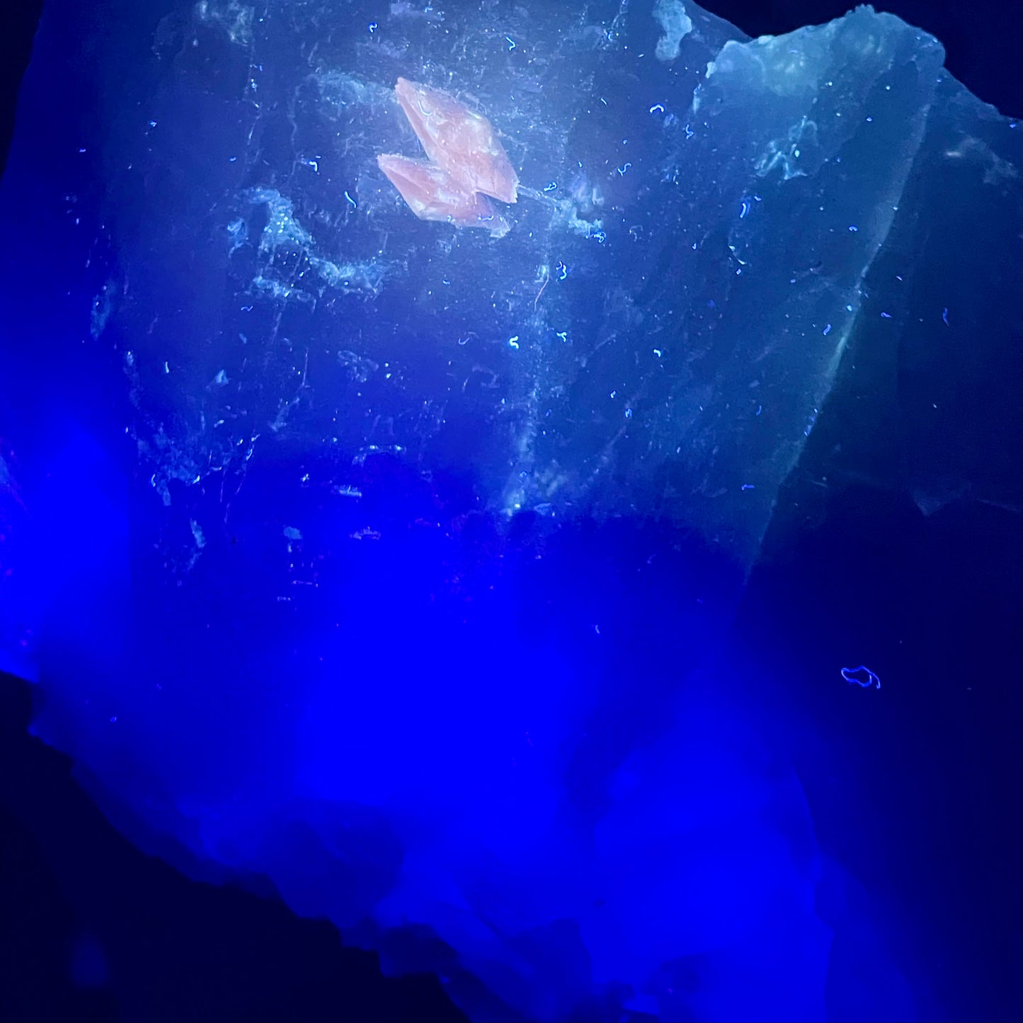 Huge UV Reactive YGX Fluorite w/ UFO Calcite on Quartz