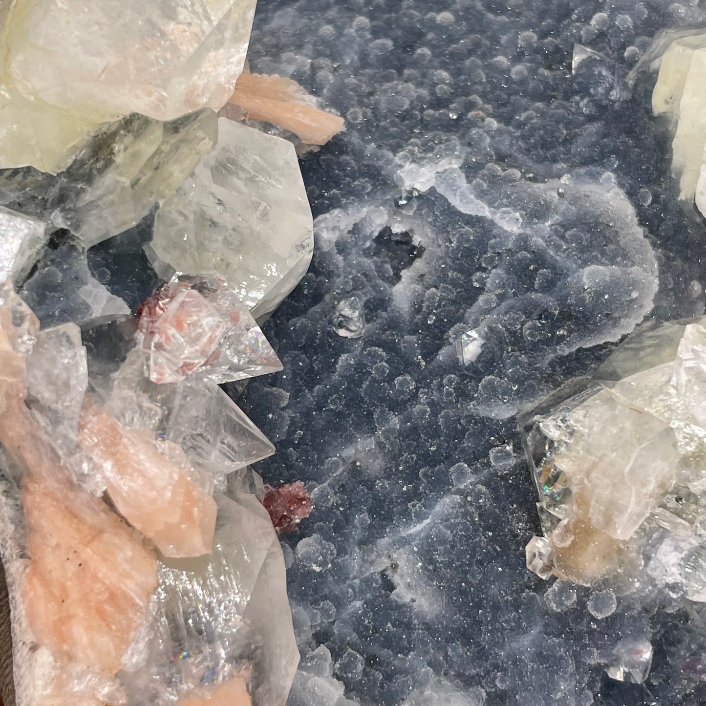 Blue Chalcedony w/ Apophyllite, Peach Stilbite, Hematite