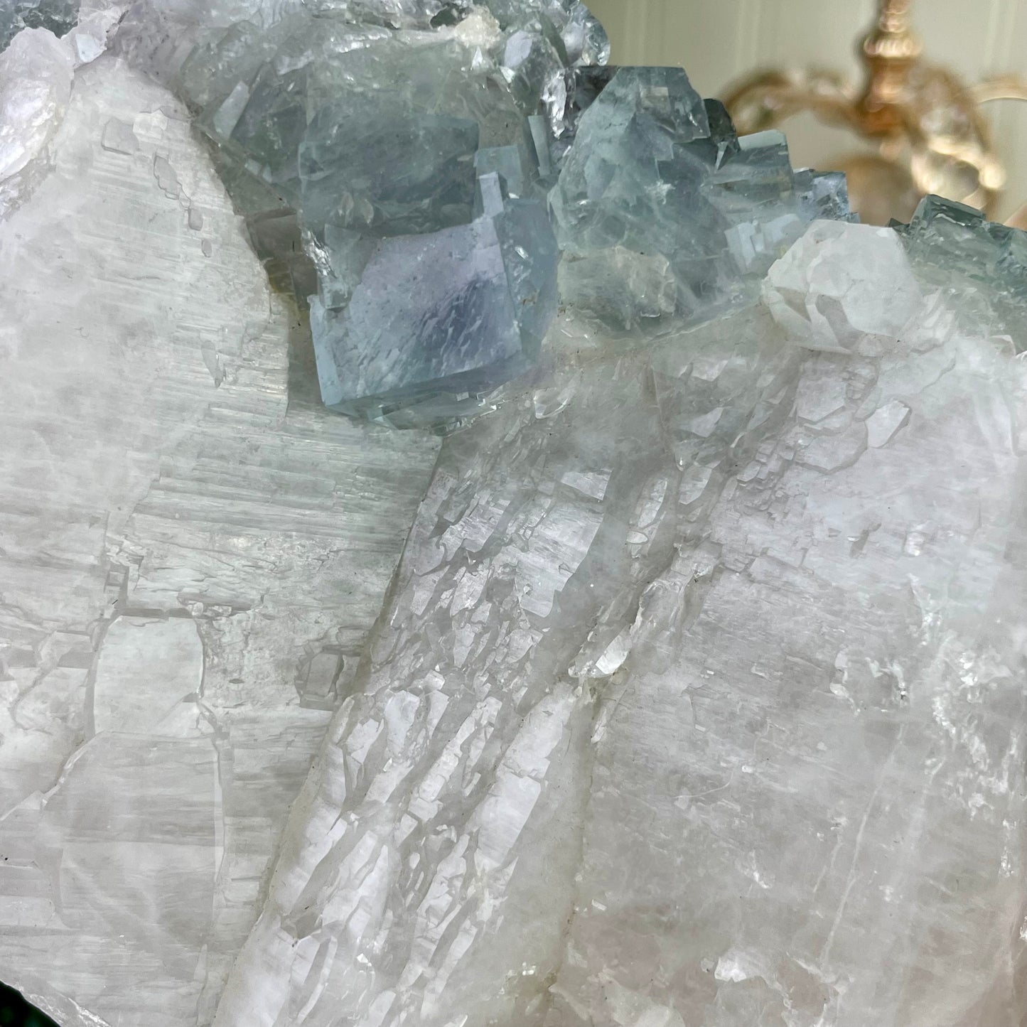Huge UV Reactive YGX Fluorite w/ UFO Calcite on Quartz