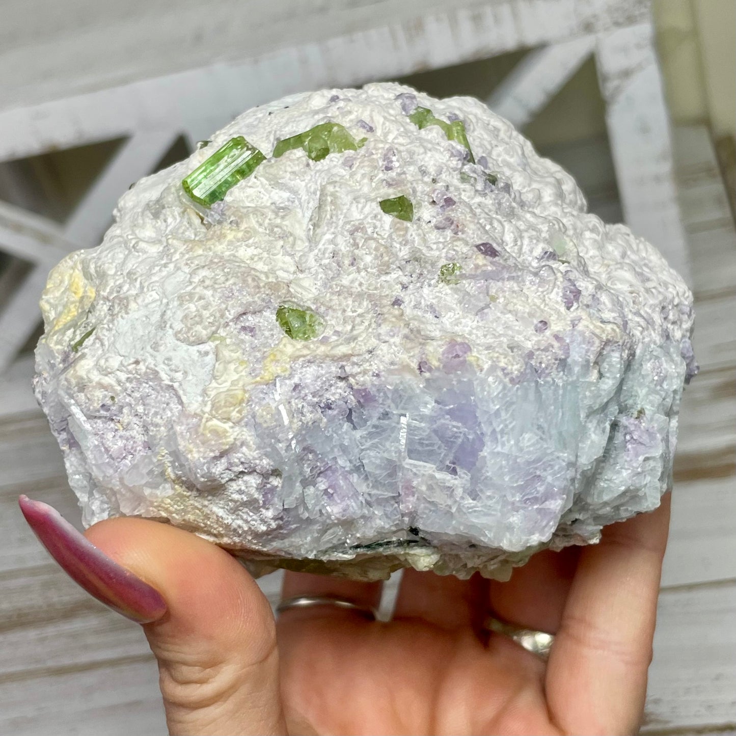 Green Tourmaline on Feldspar w/ Cleavelandite & Lepidolite Cluster