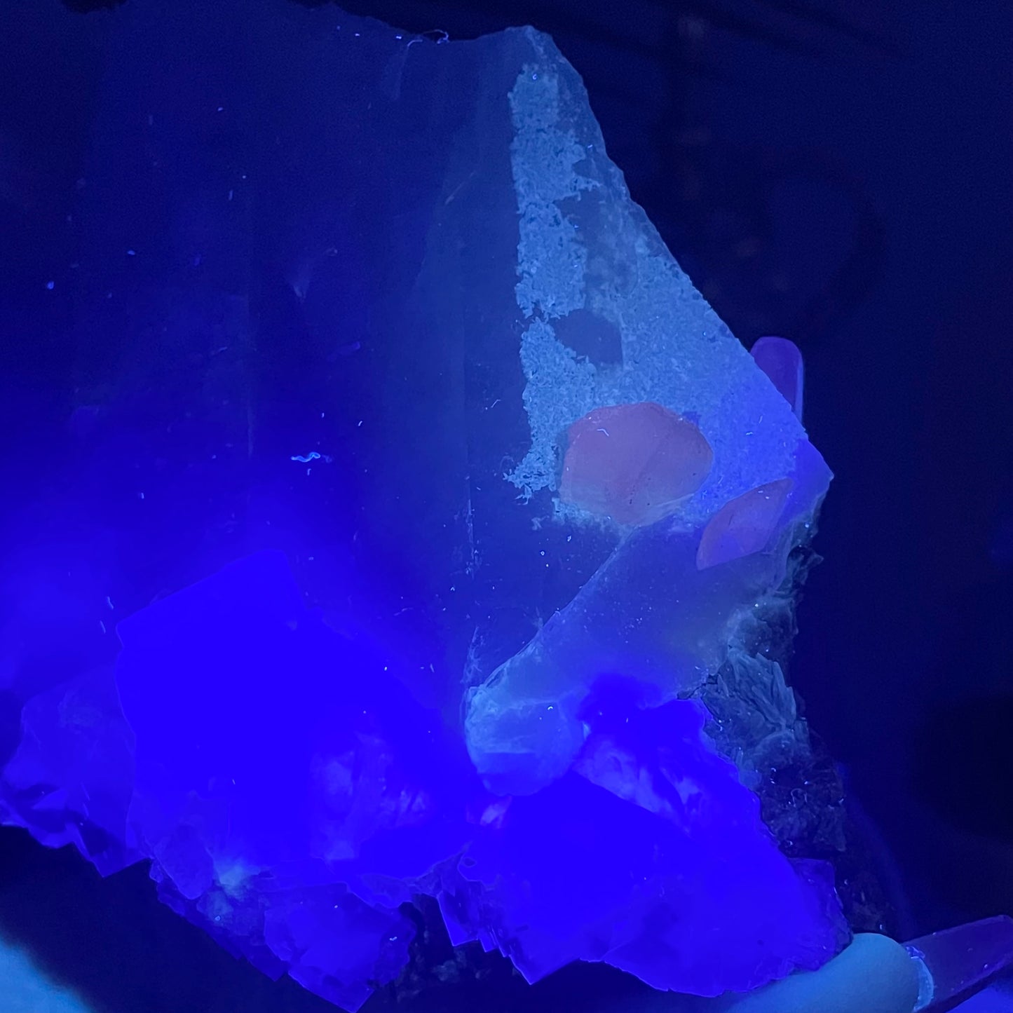 Huge UV Reactive YGX Fluorite w/ UFO Calcite on Quartz