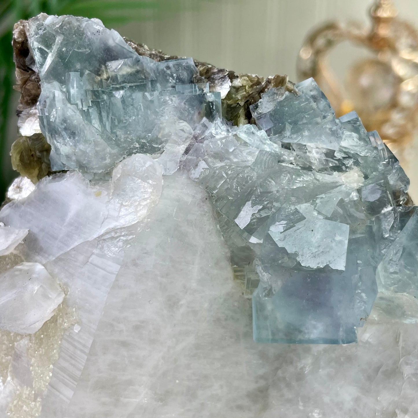 Huge UV Reactive YGX Fluorite w/ UFO Calcite on Quartz