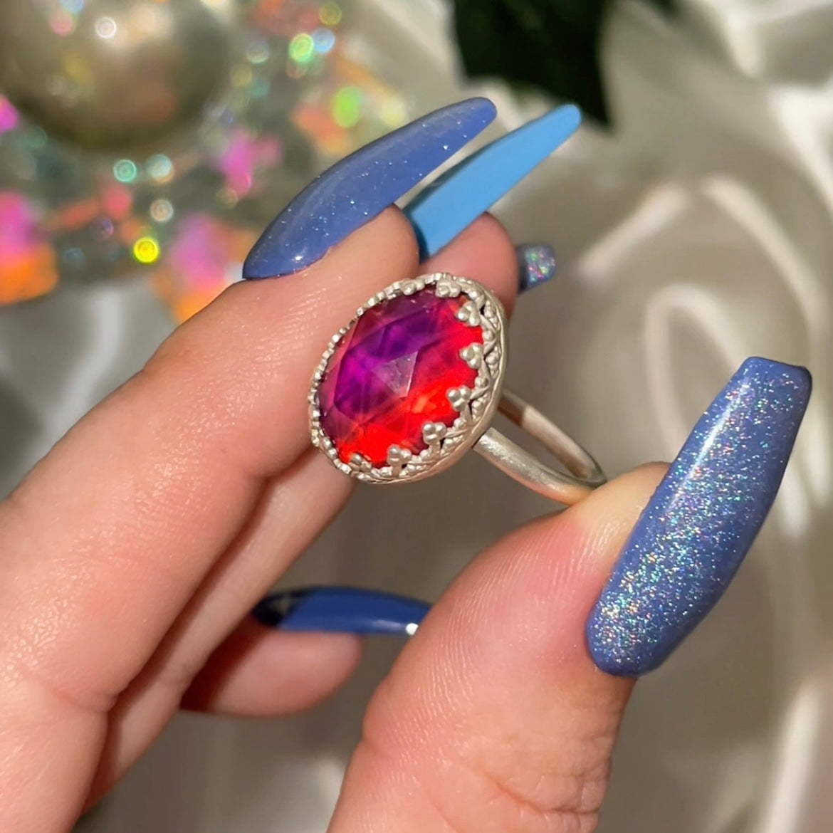 Handmade Aurora Opal S925 Ring (sz 7.5)