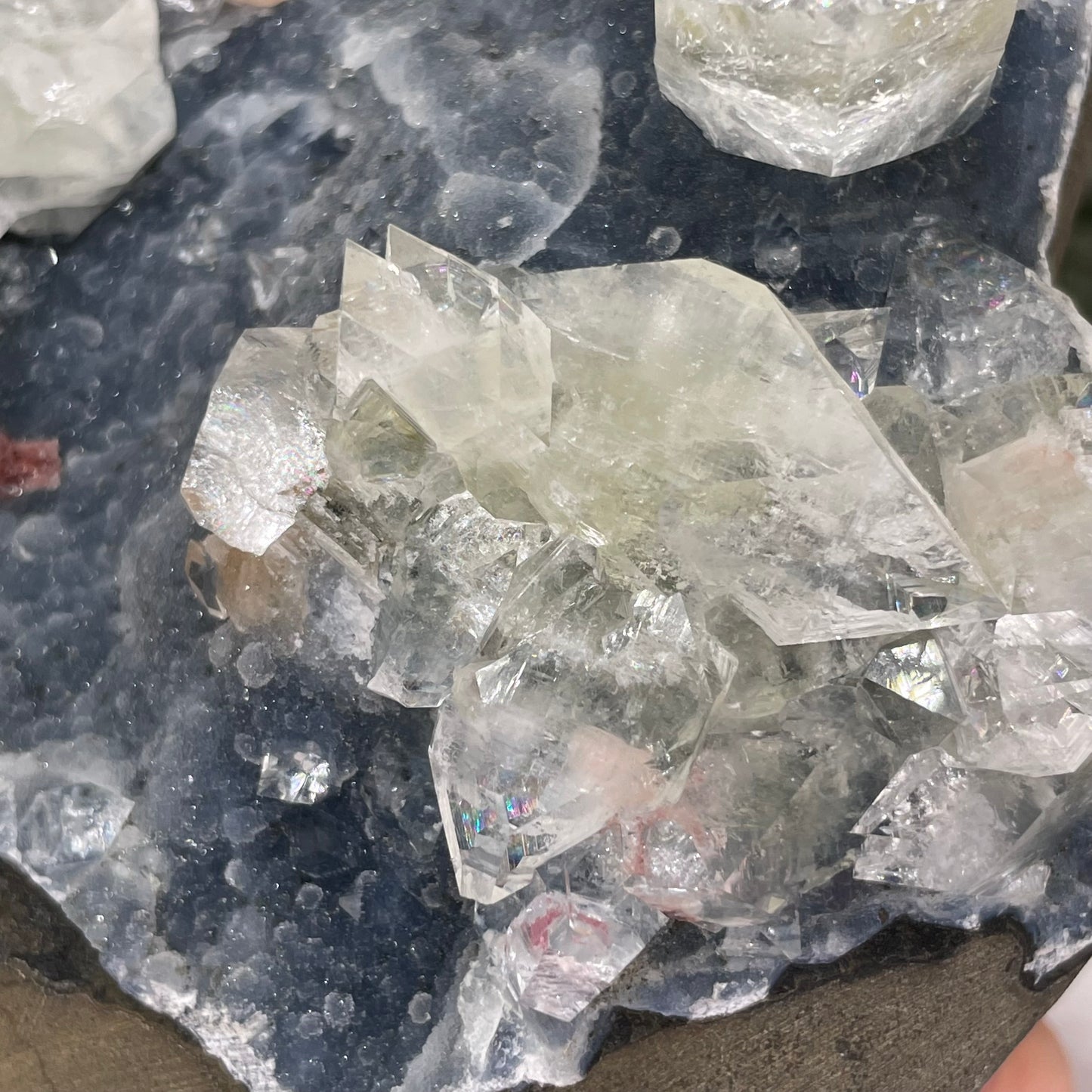 Blue Chalcedony w/ Apophyllite, Peach Stilbite, Hematite