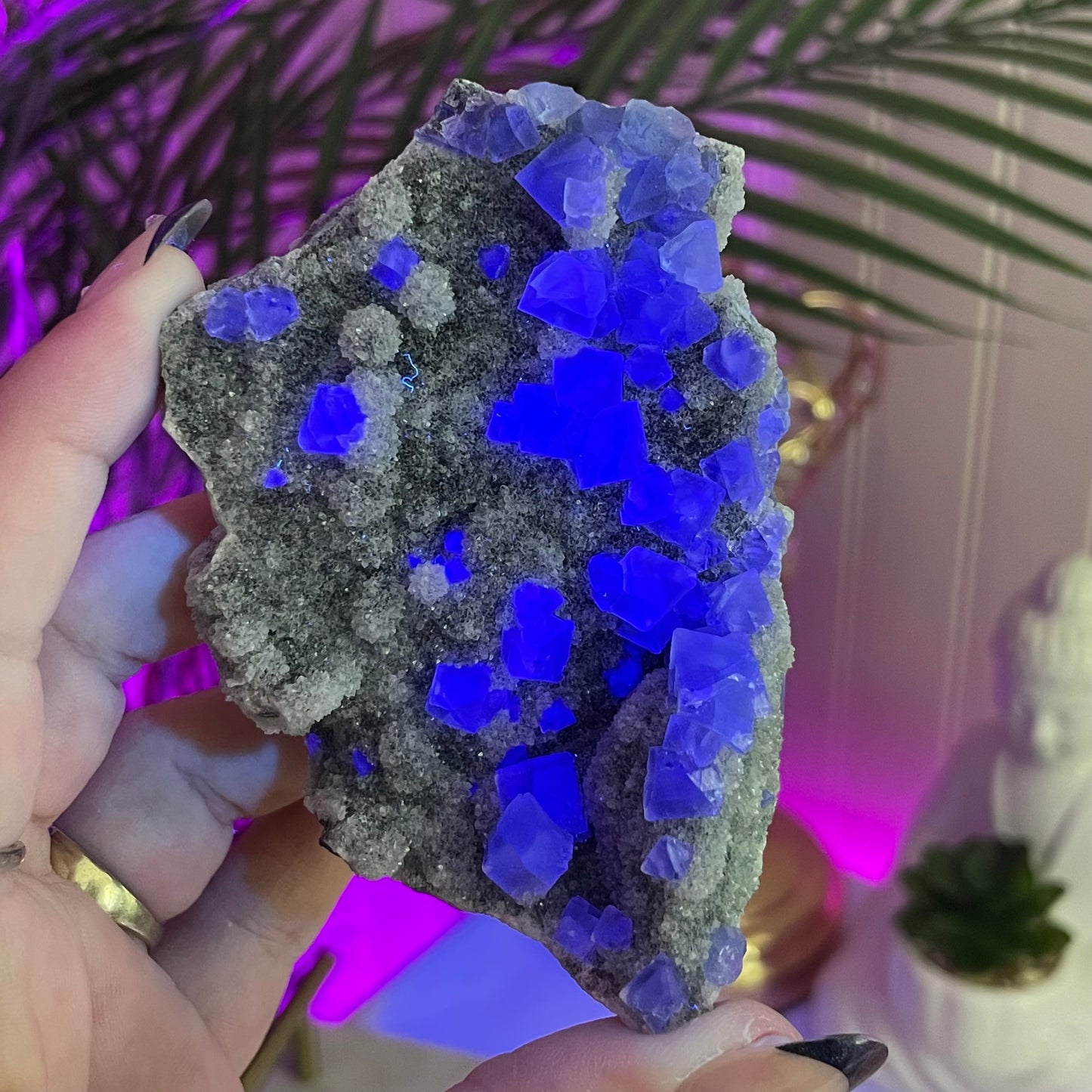 UV Reactive Green Octahedral Fluorite w/ Sugar Quartz Druzy