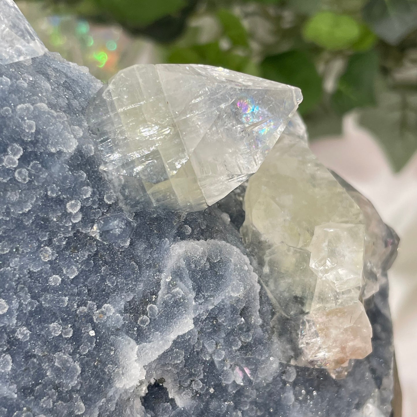 Blue Chalcedony w/ Apophyllite, Peach Stilbite, Hematite