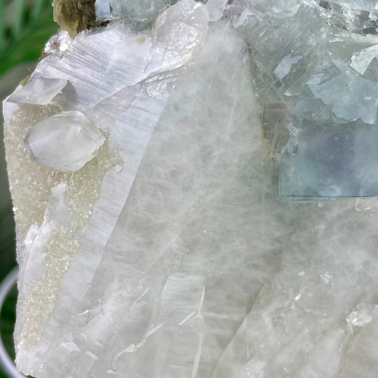Huge UV Reactive YGX Fluorite w/ UFO Calcite on Quartz