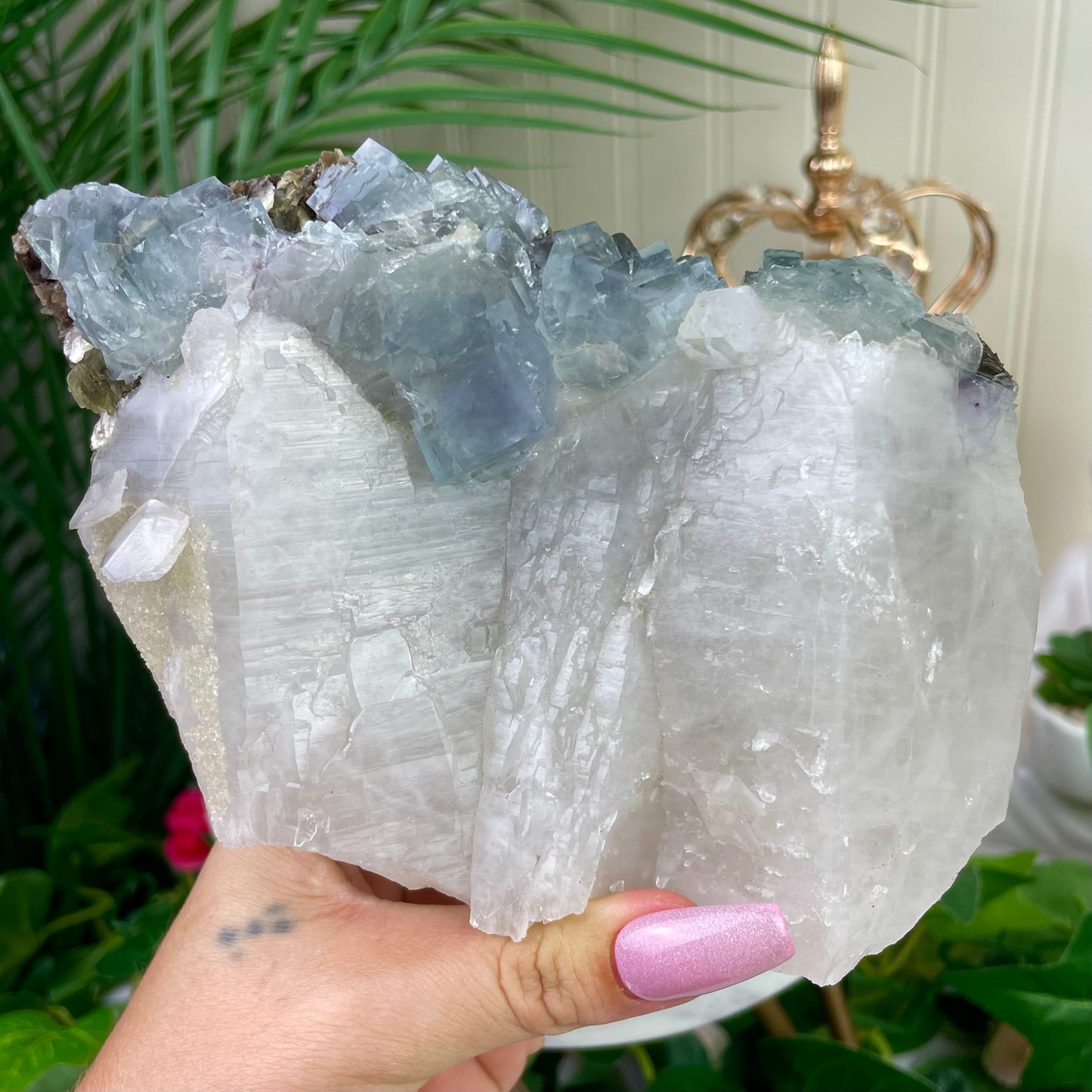 Huge UV Reactive YGX Fluorite w/ UFO Calcite on Quartz