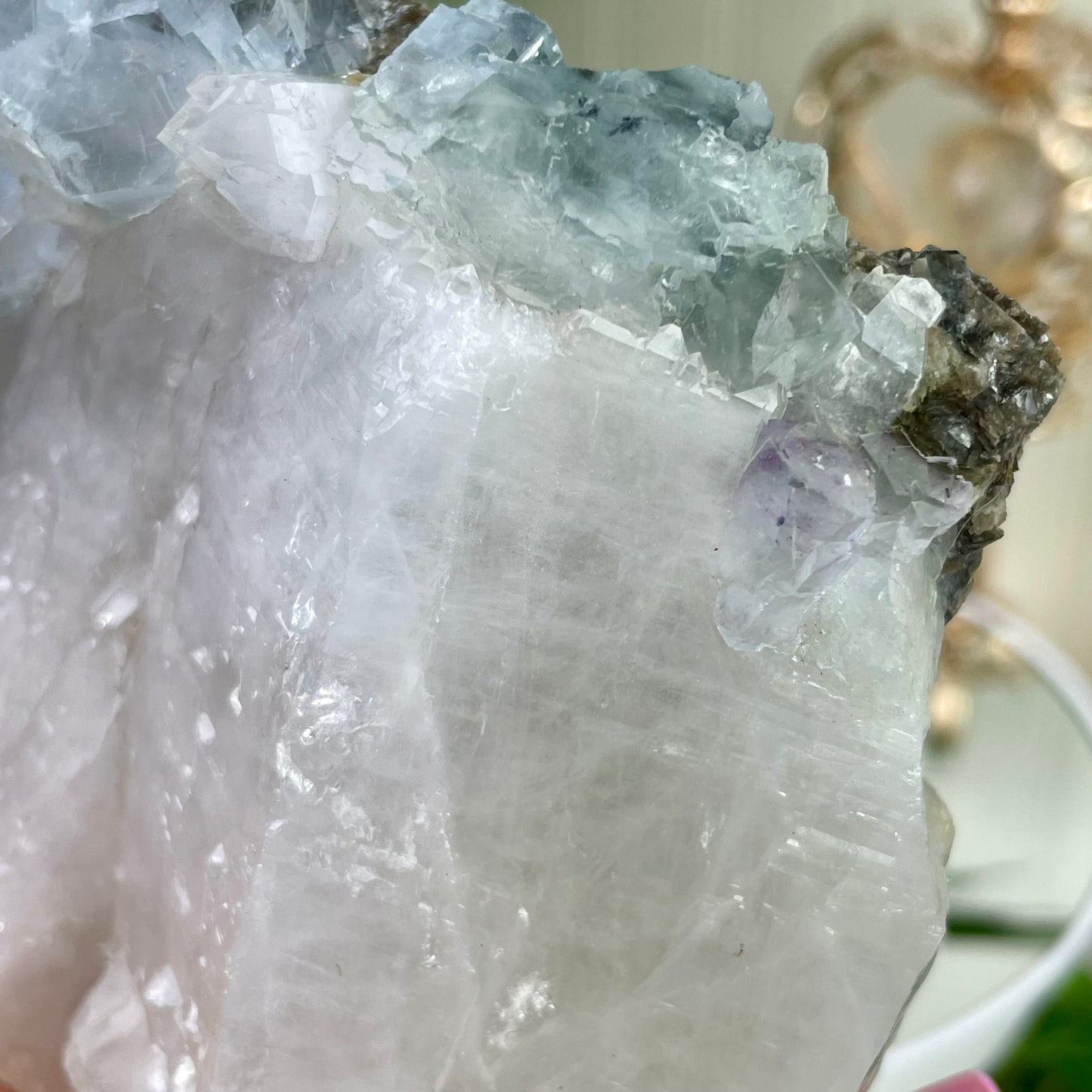 Huge UV Reactive YGX Fluorite w/ UFO Calcite on Quartz