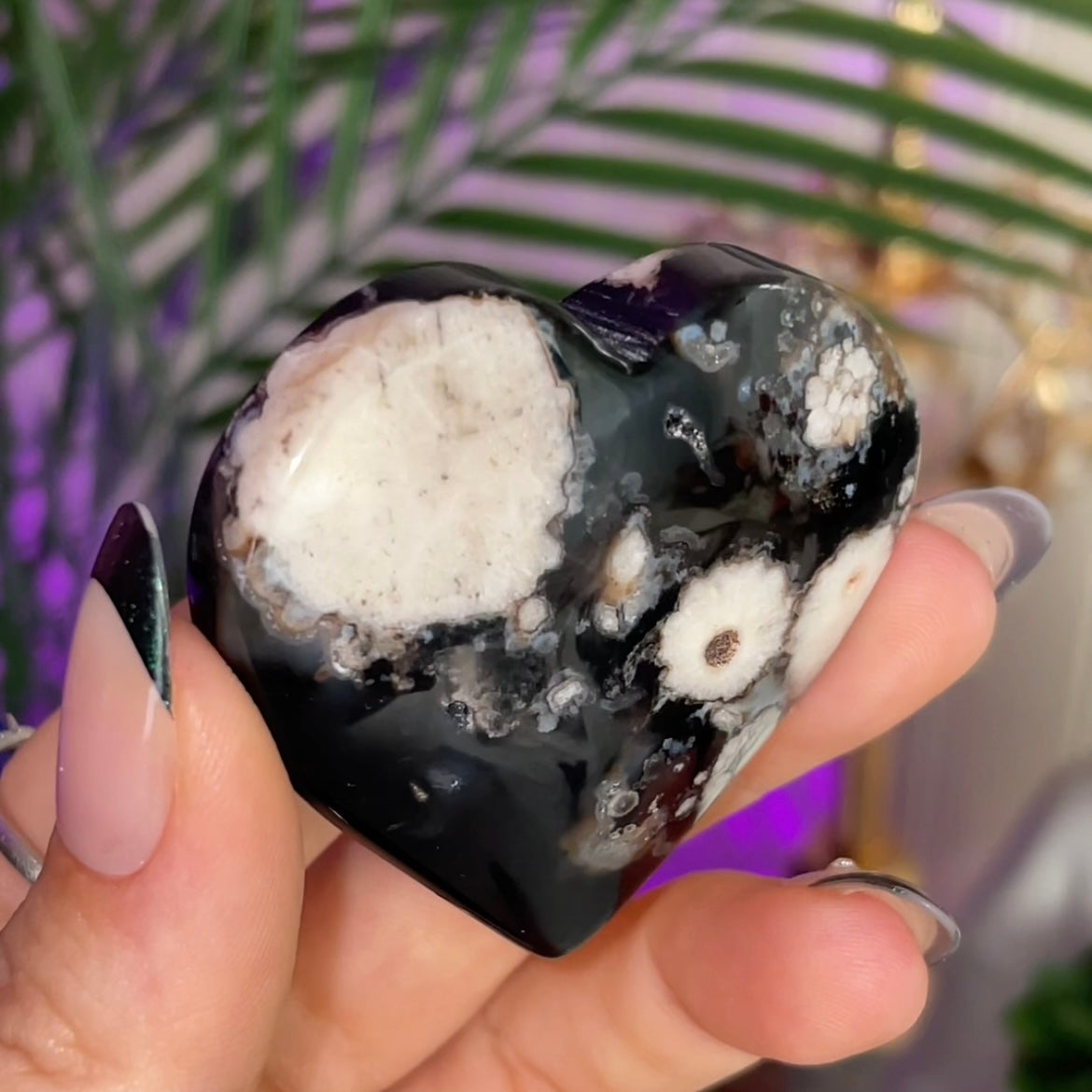 Black Flower Agate Heart