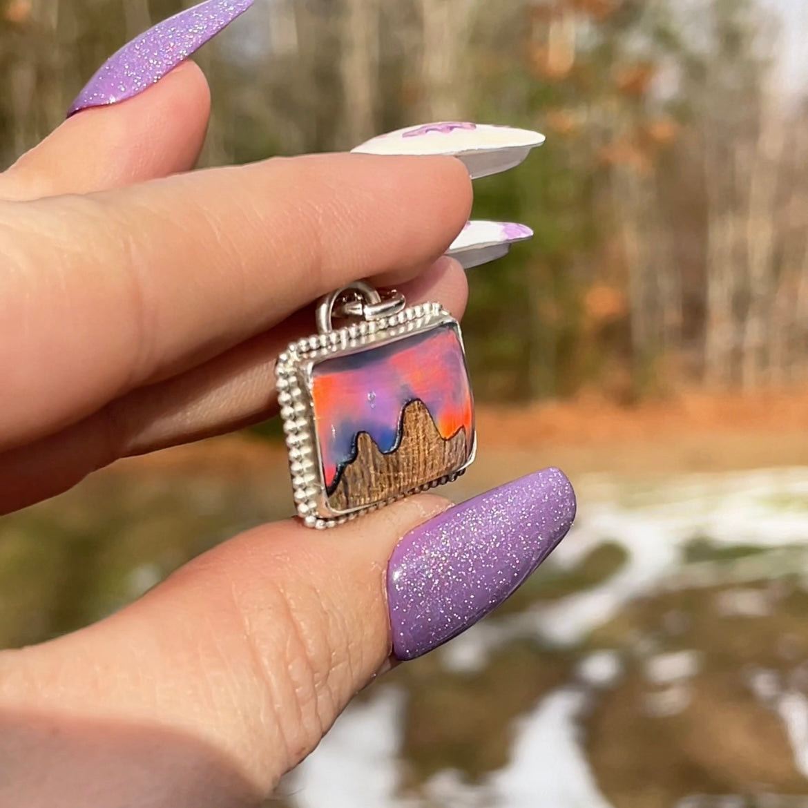 Handmade Aurora Opal w/ Wooden Mountain Inlay Necklace s925