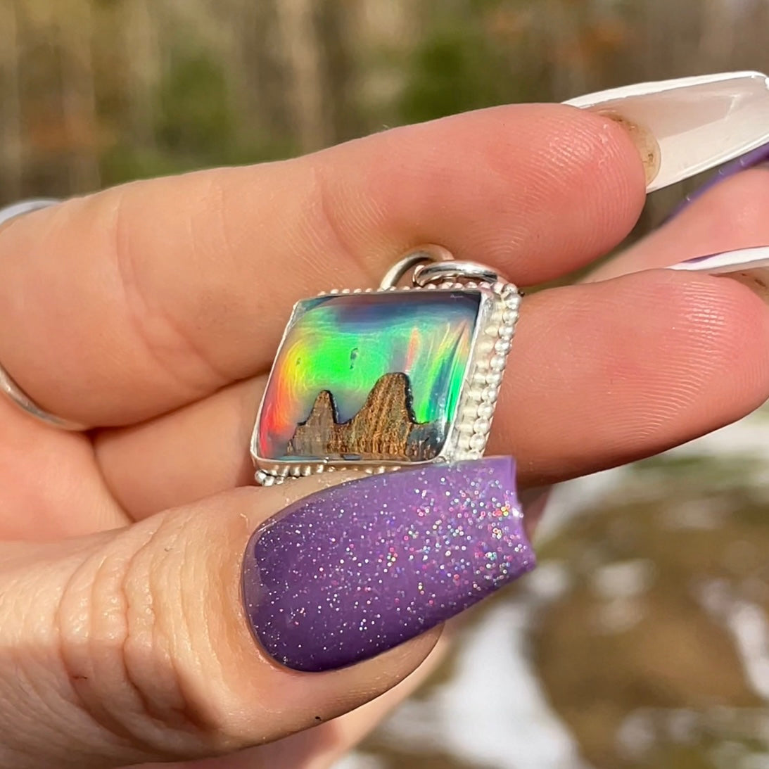 Handmade Aurora Opal w/ Wooden Mountain Inlay Necklace s925