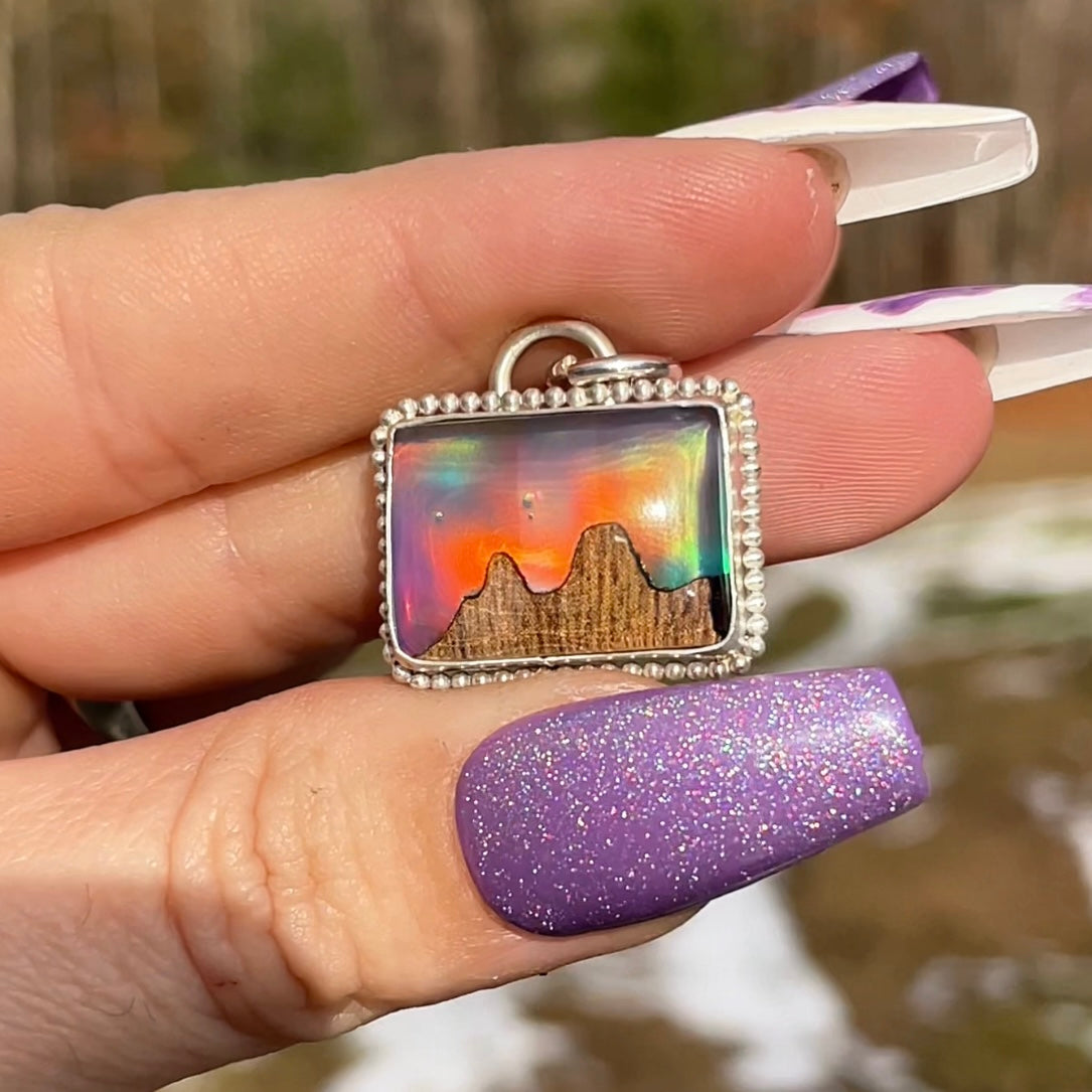 Handmade Aurora Opal w/ Wooden Mountain Inlay Necklace s925