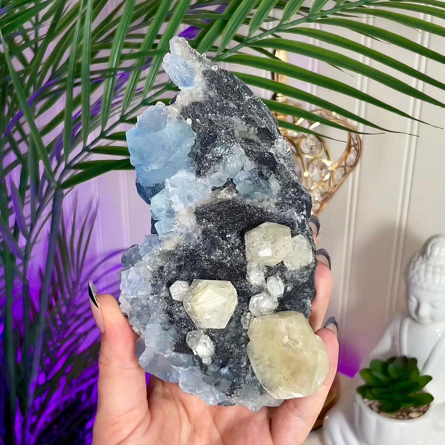 Blue/Green Fujian Fluorite w/ Calcite & Sugar Hematite Druzy