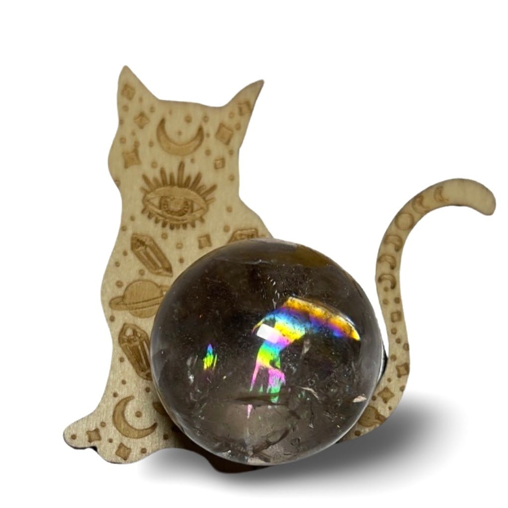 Wooden Celestial Cat Sphere Stand - Jayde and Jewels