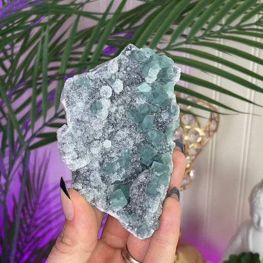 UV Reactive Green Octahedral Fluorite w/ Sugar Quartz Druzy