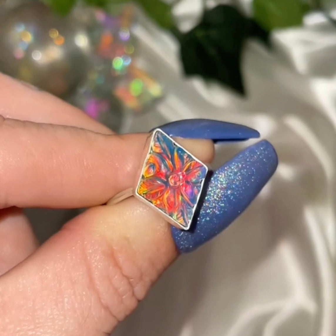 Handmade Aurora Opal Handcarved Flower S925 Ring (sz 8)