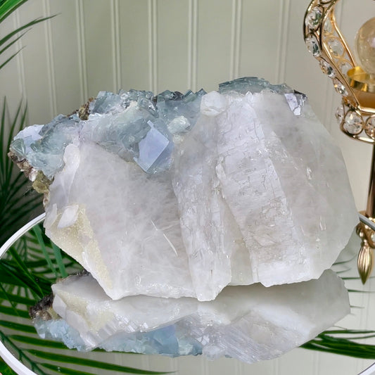 Huge UV Reactive YGX Fluorite w/ UFO Calcite on Quartz