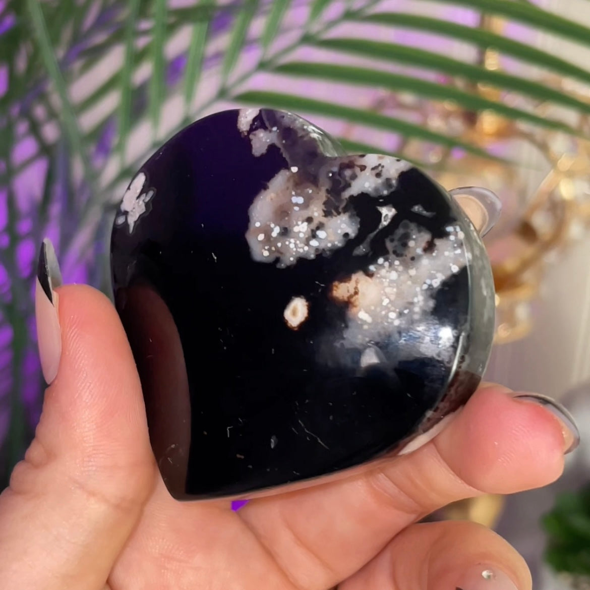 Black Flower Agate Heart