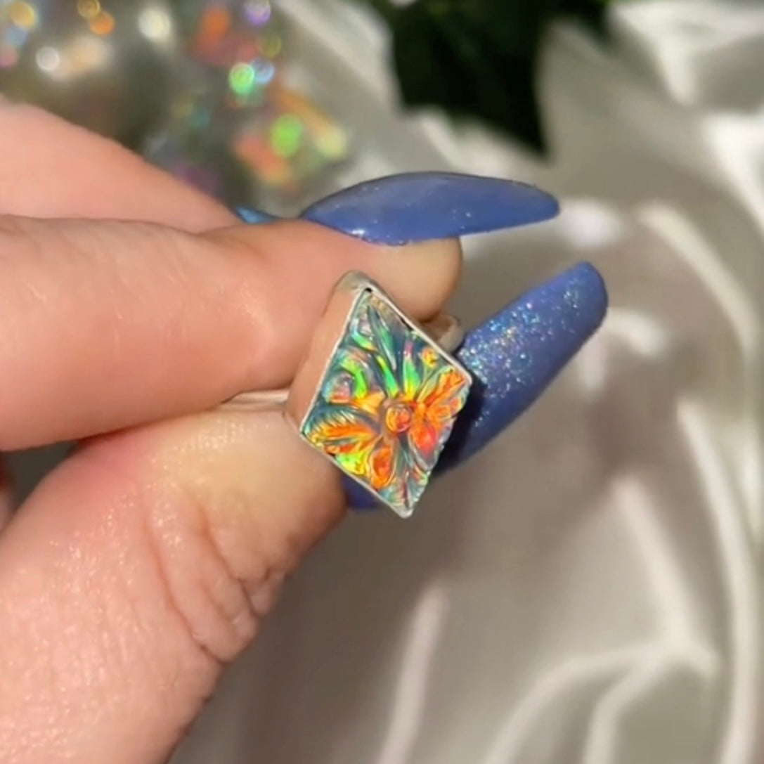 Handmade Aurora Opal Handcarved Flower S925 Ring (sz 8)