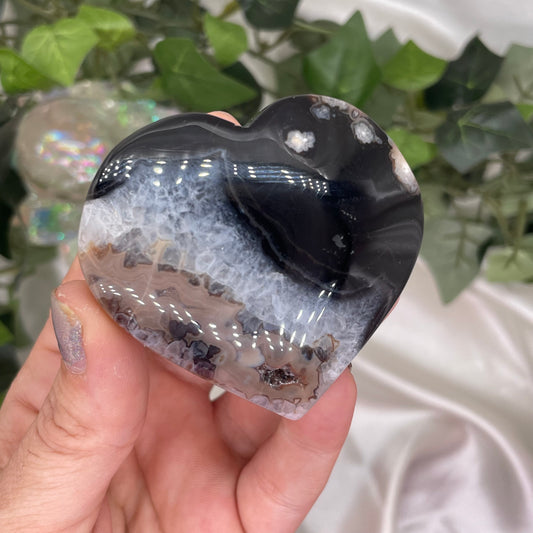 Black Flower Agate Heart