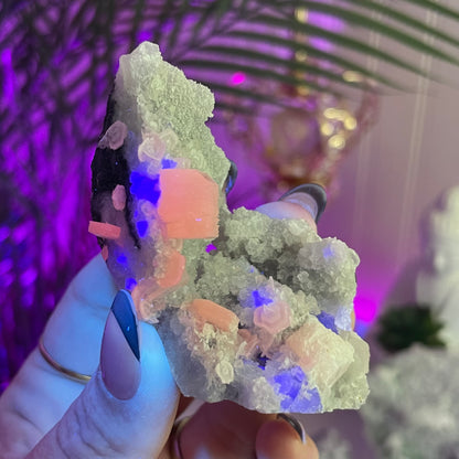 UV Reactive Fujian Fluorite w/ Coin Calcite & Hematite Druzy