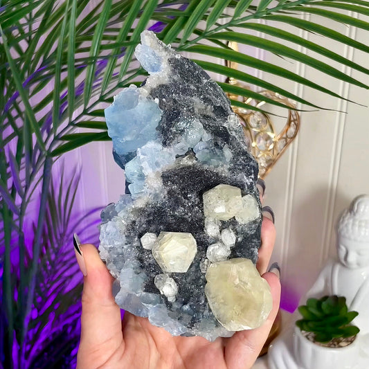 Blue/Green Fujian Fluorite w/ Calcite & Sugar Hematite Druzy