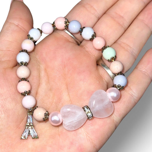 Alashan Agate and Rose Quartz with Eiffel Tower ￼Charm Bracelet - Jayde and Jewels
