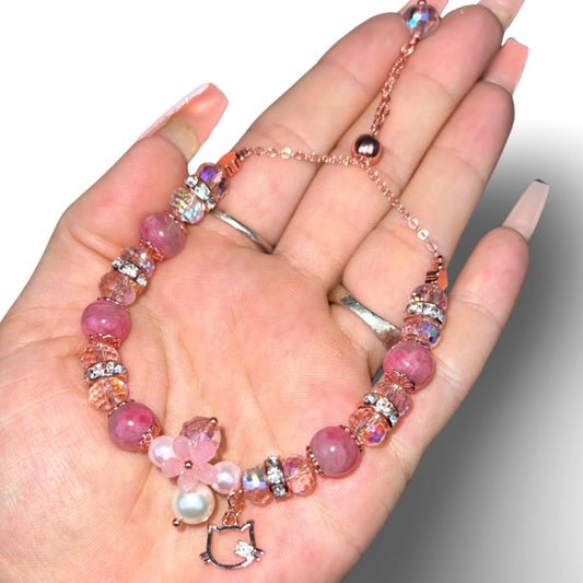 Cherry Rhodonite with Hello Kitty Charm Adjustable Bracelet - Jayde and Jewels