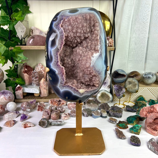 Huge Collectors Item Pink Sugar Druzy Orca Agate Freeform on Gold Stand, Home Decor, Genuine Crystal - Jayde and Jewels