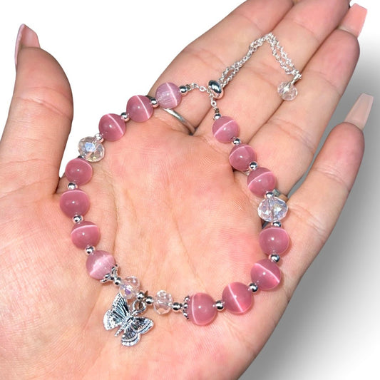 Pink Cats Eye with Butterfly ￼Charm Bracelet - Jayde and Jewels