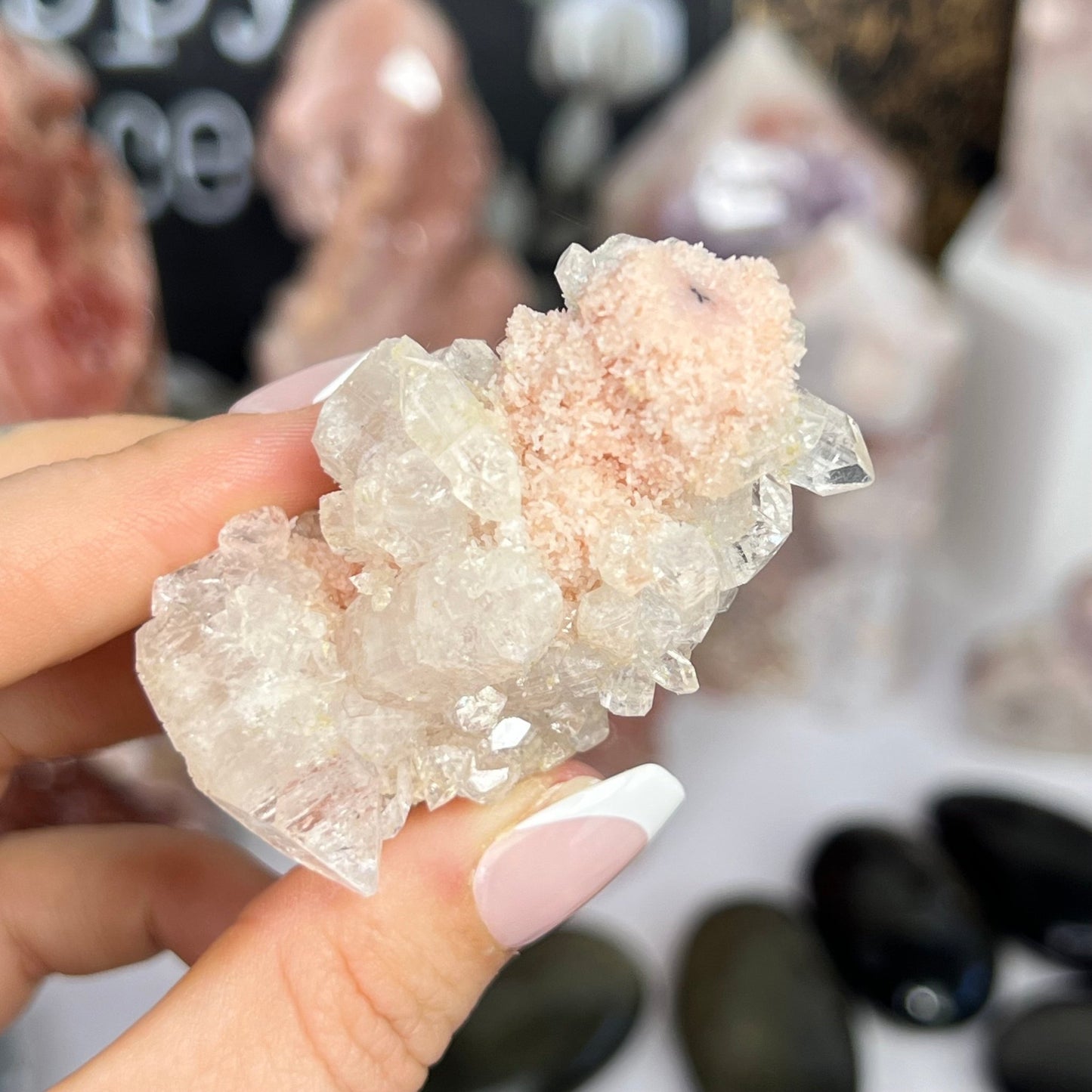 Pink Chalcedony Stalactite w/ Diamond Apophyllite - Jayde and Jewels