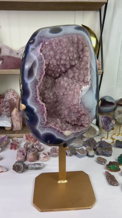 Huge Collectors Item Pink Sugar Druzy Orca Agate Freeform on Gold Stand, Home Decor, Genuine Crystal