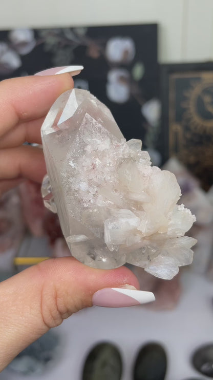 Pink Chalcedony Stalactite w/ Diamond Apophyllite & Peach Stilbite