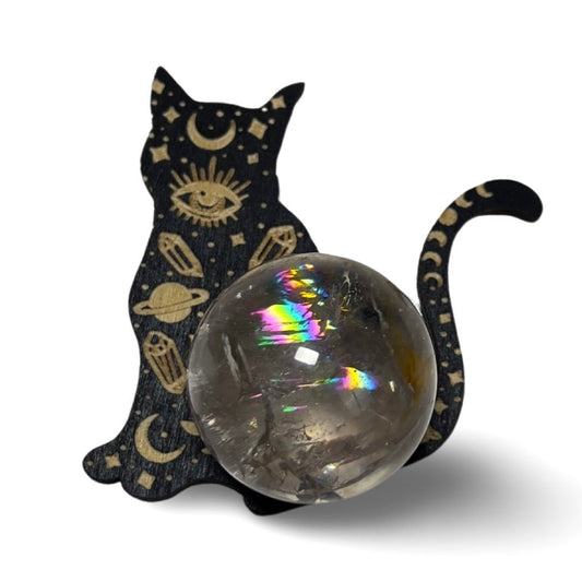 Wooden Celestial Cat Sphere Stand - Jayde and Jewels